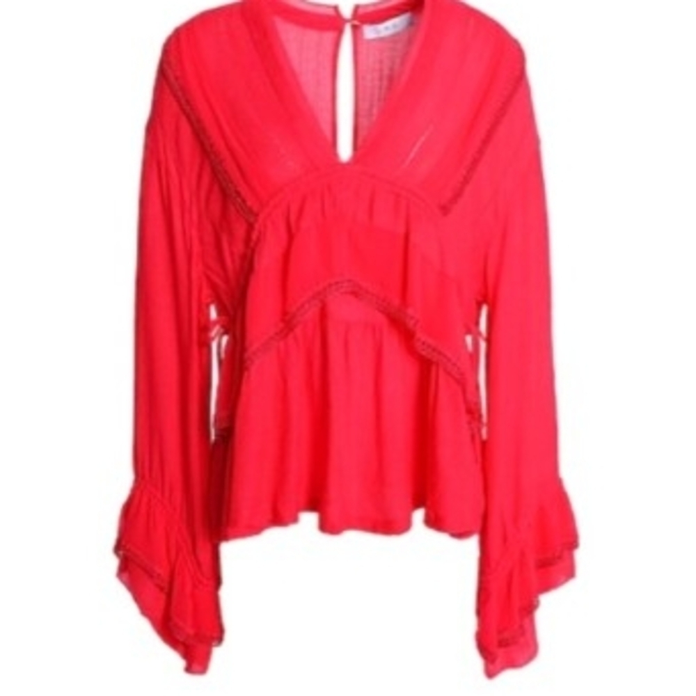 Iro Celena Paris Coral Red Long Sleeve V Neck Crepe Blouse Top - Picture 2 of 4